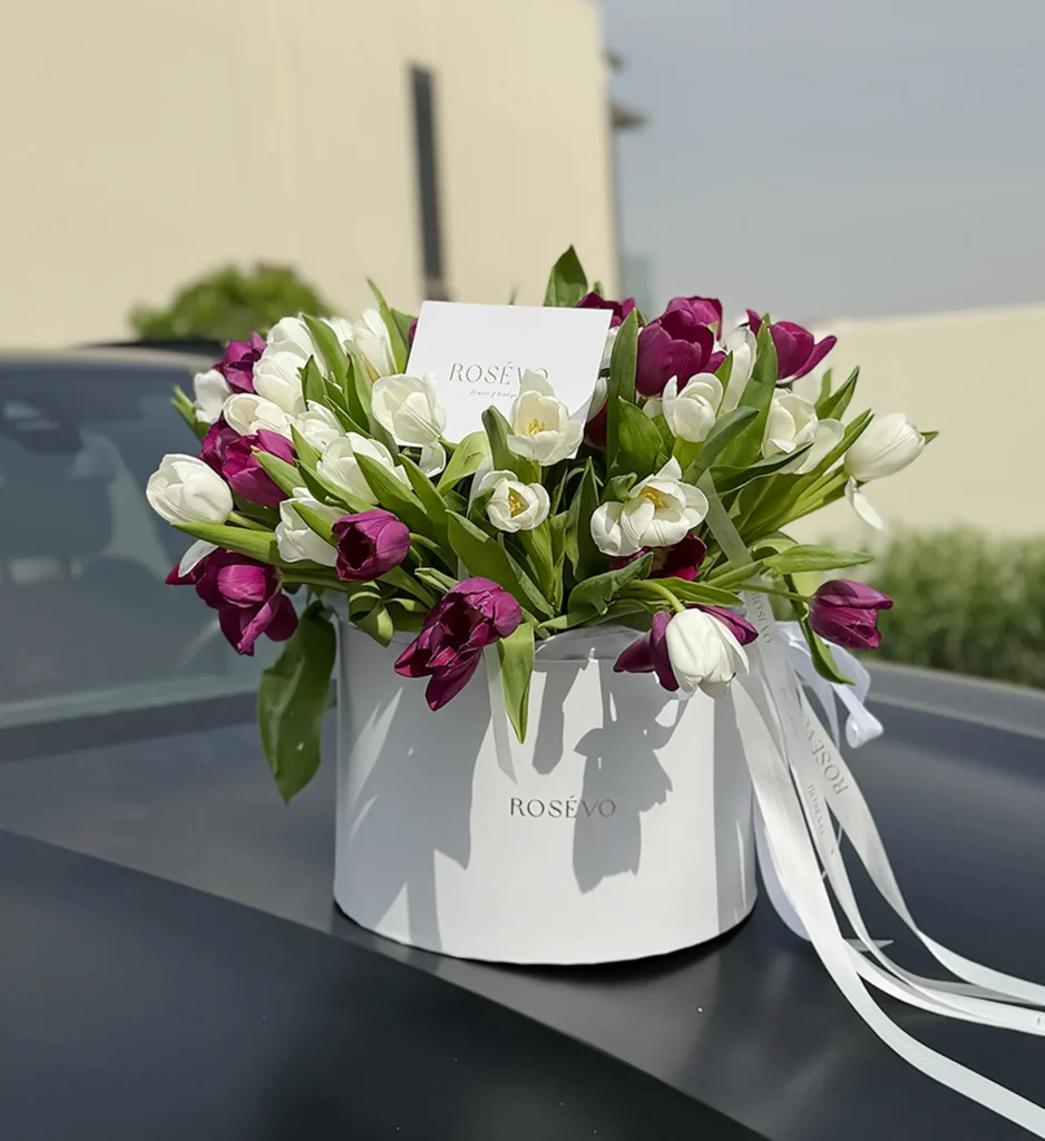 Tulips In Box Purple & White